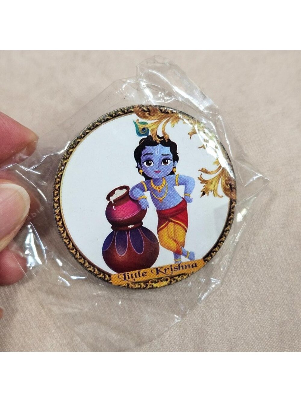 Little Krishna Round Devotional Button Pin Hindu Spiritual Decor Art Gift 1.75"